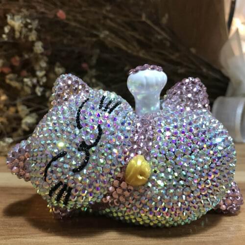 Bling Rhinestone Lucky Cat with Waving Shaking Hands Handmade Super Cute Figurines Feng Shui Car Desk Home Decor Accessories