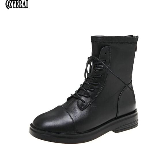 QZYERAI British Style Genuine Leather Women Boots Vintage Flats Heel Ankle Boots For Women Winter Platform Shoes