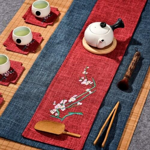 Retro tea mat cotton linen double layer embroidered flower table runner zen style tea tablecloth tea ceremony accessories