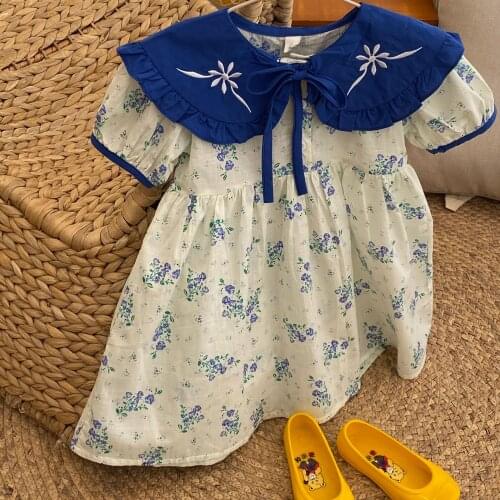 Baby Girls Summer Dress Children Girls Korean Style Floral Big Lapel Dress Toddler Kids Cotton Short Sleeve Dress Baby Clothes