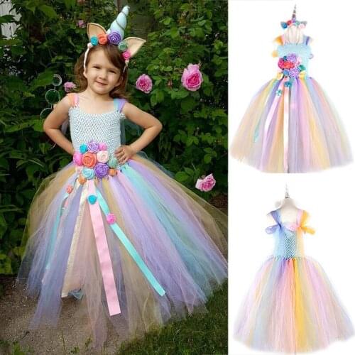 Kids Unicorn Dress for Girls Flower Appliques Ball Gown Little Girl Princess Dresses Elegant Party Costumes Children Clothing