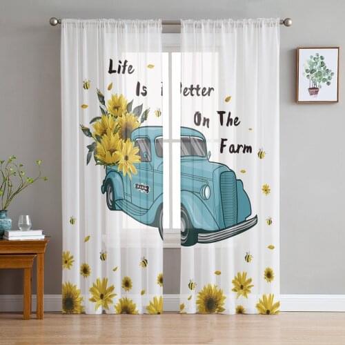 American Country Style Sunflower Blue Truck Voile Tulle Sheer Curtains for Bedroom Living Room Kitchen Decor Window Curtain