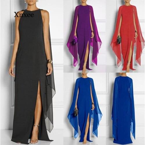 Summer Chiffon Women Maxi Dress Sexy Evening Beach Patchwork Long Sleeve Loose Dresses High Slit Solid Vestidos Clothing Robe