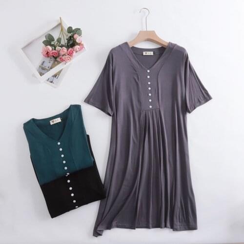Summer Modal Nightdress Button-Pleated Dress Fashion Home Wear Nightshirt New Women Nightgowns Loose V Neck Fat Mm Sleepshirt