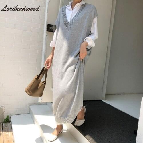Loribindwood 2021Autumn and Winter New Korean Style Outer Wear V-neck Vest Jacket Over The Knee Loose Long Sweater Sweater Dress
