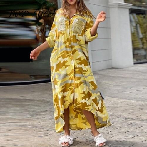 Camouflage Print Sequins Pocket Design Maxi Dress