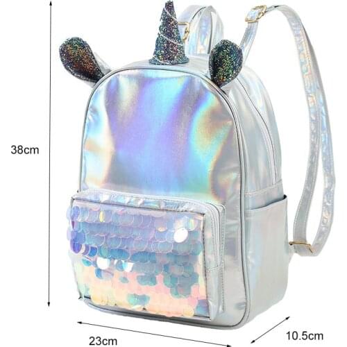 Unicorn Silver Woman Small Backpack Pu Leather Bag for Kids Girls Holographic Fabric Cartoon Small Bags Sequins Children Bags