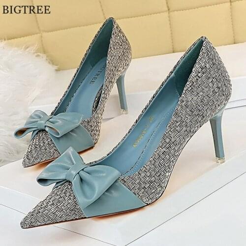 Woven PU Leather Bowtie Pumps Woman Spell Colors Shallow High Heels Shoes 2021 Pointed Toe Ladies Sweet Dress Wedding Shoes Blue