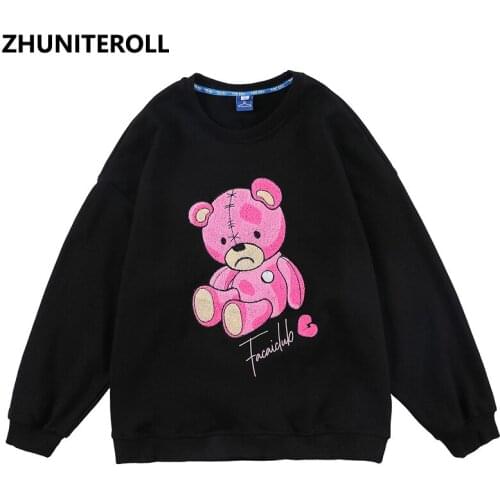 Autumn Harajuku Men Sweatshirt Cartoon Bear Towel Embroidery Hip Hop Pullover Cotton Fashion Casual Hoodie Streetwear Clothing