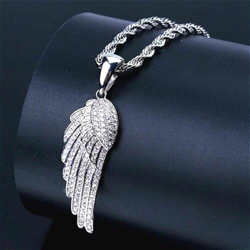 Mens Fashion Personality Hip Hop Feather Necklace Micro-inlaid Zircon Gold Plated Angel Wing Pendant