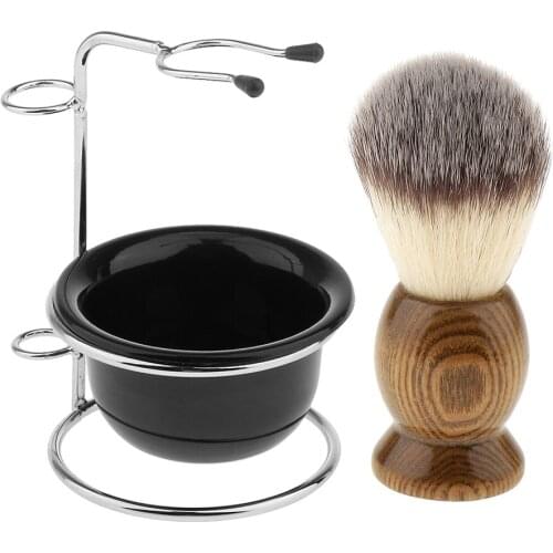 3Pcs/Set Natural Wood Shaving Brush + Stainless Steel Holder Stand Rack + Shave Soap Cream Mug Bowl Set Kit