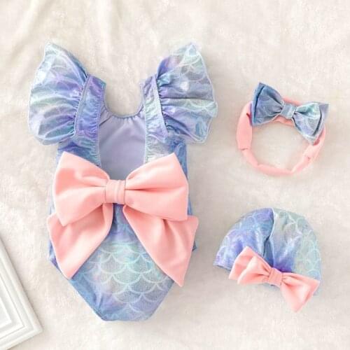 2021 New Baby Girl Swimsuit 2-8y Kids Sequin One-piece + Hat+headband Backless Beach Toddler Swimwear Bathing Suit Quick-drying