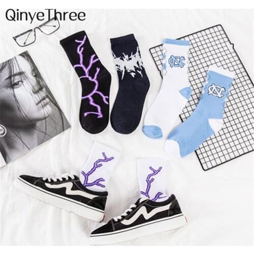 New Women Harajuku Lightning Hip-Hop Cotton Novelty Socks Couple Streetwear Blue White Black Japanese Fashion High Quality Hot