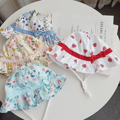 1Pcs Summer Flower Print Baby Hat Sweet Bow Toddler Girls Bucket Hat Children Wide Brim Cotton Panama Fisherman Cap