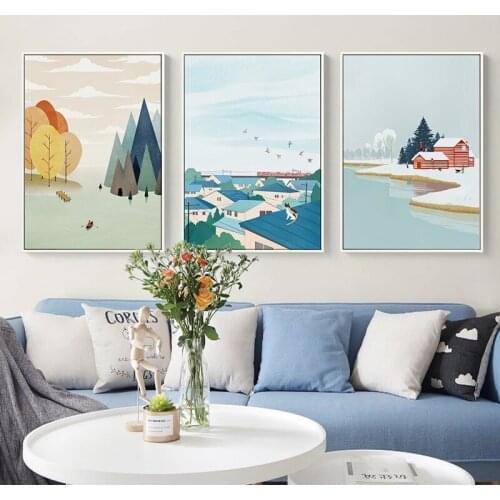 Seasons Scenery Illustration Picture Cartoon Style Wheatfield Canvas Painting Wall Art Poster for Living Room Home Cuadros Decor