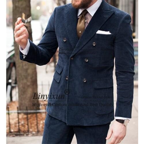Casual Corduroy Men Suits Business Slim Fit Blazer Double Breasted 2 Piece Sets Banquet Prom Terno Masculino (Jacket+Pants)