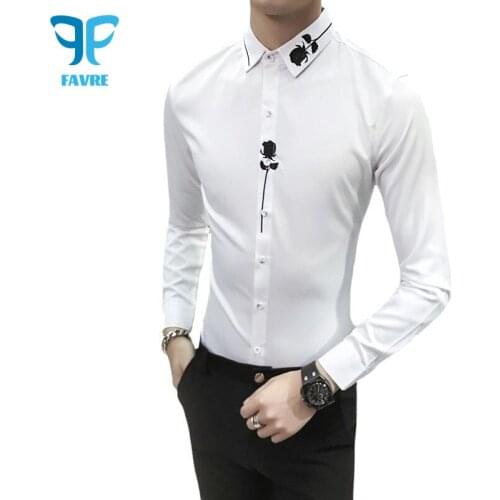 FAVRE Men Dress Shirt Rose Embroidery Three Quarter Sleeve Office Social Business Collared Shirt shortSleeve Stripe White Clothe
