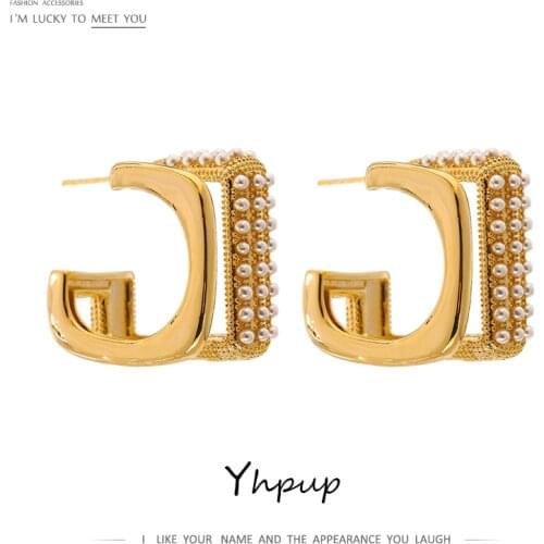 Yhpup Fashion Simulated Pearls Geometric Stud Earrings бижутерия для женщин Statement Earrings Metal Texture Jewelry Gift 2021