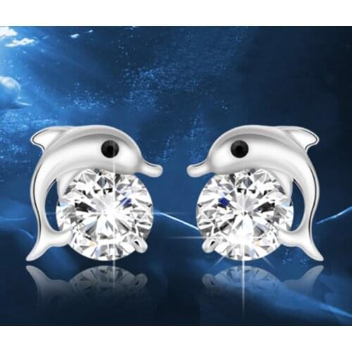 Korean Temperament Dolphin Love Zircon Stud Earrings For Women Silver Color Earring Earings Jewelry Earing Brincos A1040