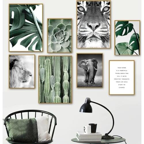 Nordic lion tiger elephant retro poster green plant cactus mural art printing canvas painting living room home decoration mural
