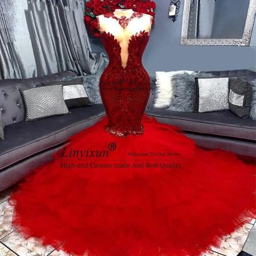 Sexy Red Prom Dresses 2021 Elegant Mermaid Ruffles Tulle African Black Girls Gala Long Formal Evening Dress Custom Made