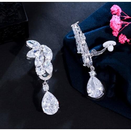 ThreeGraces Luxury Long Waterdrop Earrings Silver Color Cubic Zirconia Stone Clip On Earrings No Pierced For Women Party ER101
