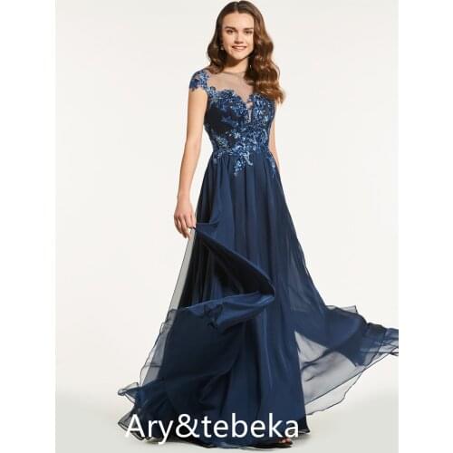 A-Line Floor-Length Scoop Cap Sleeves Appliques Beading Button Prom Dress With 30D Chiffon 2021