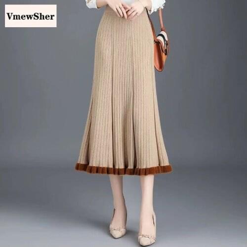 VmewSher Autumn Winter Mid-length Knit Sweater Skirt Korean Version New Female Umbrella A-line High Waist Pleated Woolen Skirt