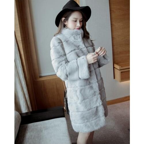 Genuine natural real rabbit fur coat women Stripe medium-long stand collar overcoat autumn and winter warm jacket