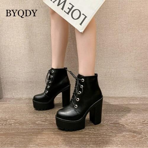 BYQDY 2021 Winter Platform Woman Boots Black Lace-up Creeper Wedges Shoes High Heels 13CM Height Military Combat Ankle Boots