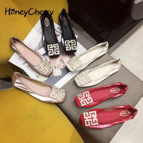 Rhinestone Single Shoes Women Flat 2021 Autumn Square Head Shallow Shoes Women Size 4.5-9.5 Flat Loafers Ladies Shoes