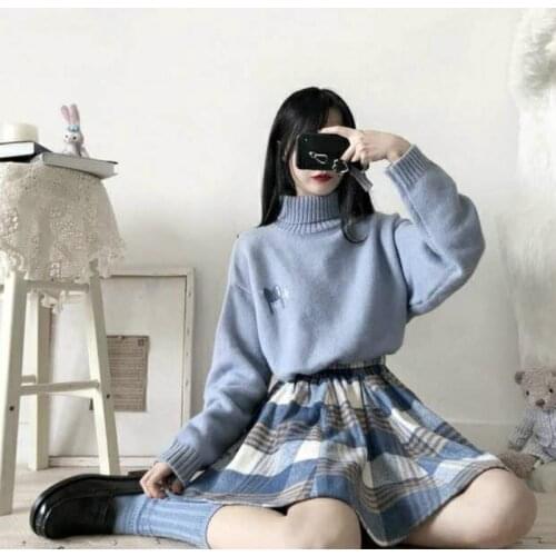 Merry Pretty Spring 2 Piece Set Womens set Blue Sweater and Plaid Pleasted Skirt Set 2 Pieces Outfits Women Matching Set