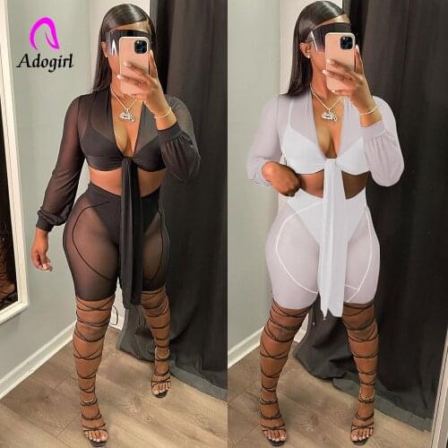 See Through Women 4 Piece Set Long Sleeve Crop Top + Skinny Biker Shorts Matching Set 2021 Sexy Mesh Night Club Party Activewear