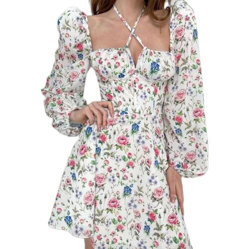 Spring Summer Dress Women Square Neck Hanging Neck Puff Long Sleeve Floral Print A-line Dress Party Vintage Elegant Boho Dress