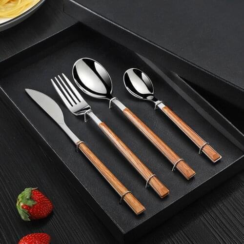 1Pcs/Set Stainless Steel Tableware Sets Western Food Knife Fork Teaspoon With Wooden Handle Dinnerware Sets For Kitchen Supplies