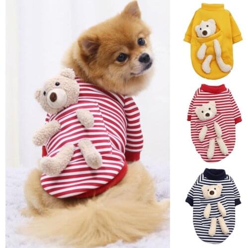 1 pcs Winter Pet Dog Clothes Fashion Pocket Bear Stripes Pattern Pet Sweatshirt Keep Warmth Pomeranian Small Dogs Sweater Outfit