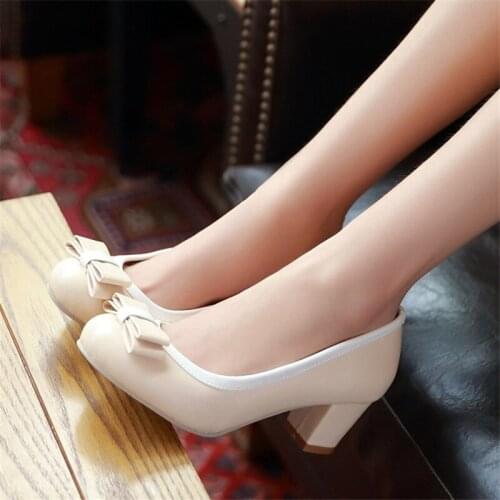 AGODOR Lolita Shoes woman block high heels bow pumps womens round toe slip on shoes black big size