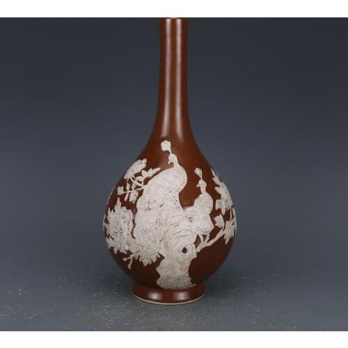 Antique QingDynasty porcelain vase,Purple gold glaze carving peacock bottle,Hand-painted crafts,Decoration,Collection&Adornment