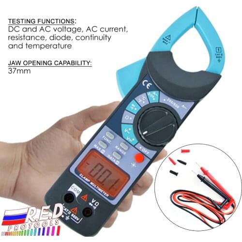 Digital Clamp Meter DC AC Voltage AC Current Resistance Diode Audible Continuity Temperature w/ 1999 Reading + 37mm Jaw Opening