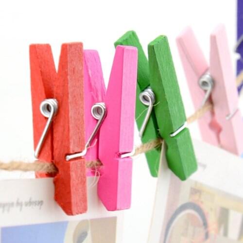 Jonvon Satone 50 pcs Photo 3.5 cm clip hemp rope Color clip wooden clips para papel Wooden clincher photos office