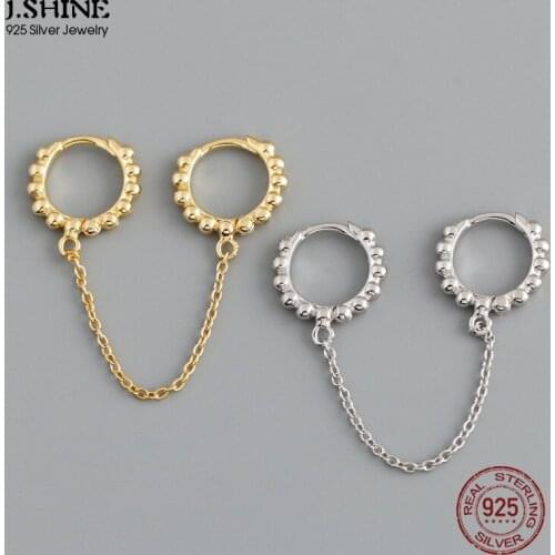 JShine ONLY ONE PIECE 925 Sterling Silver Gold Beads Huggies Double Hoops Chains Piercing Pendiente Round Wedding Gift Jewelry