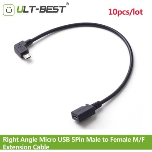 ULT-Best 10pcs/lot 90 Degree Right Angle Micro USB 5Pin Male to Female M/F Extension Cable data sync Extender cabo Cord 28CM