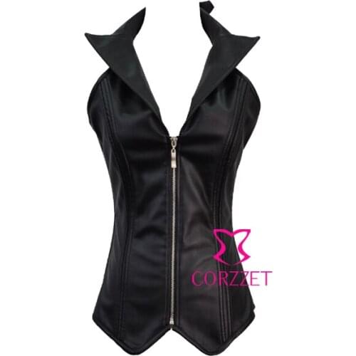 Women Black Faux Leather Zipper Front Lace Up Back Halter Neck Overbust Gothic Bustiers & Corsets Waist Body Shaper With Collar