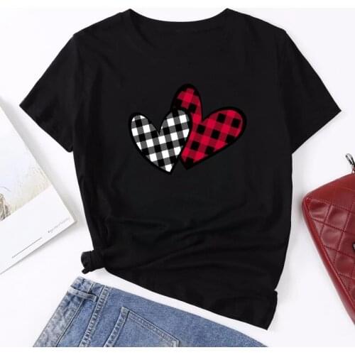 Cute Valentines T Shirt Women Plaid Striped Hearts Love Print T-shirt Graphic Tees Tops Valentines Day Gift for Girlfriend