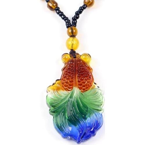 Carved Flower Colored Glaze Lucky Amulet Liuli Goldfish Pendant Necklace Women Men Pendant Jewelry Guardian Sacred Necklace