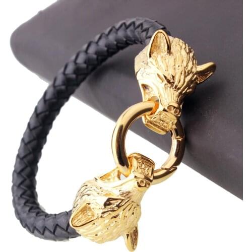 Gold Wolf Head Braided Leather Bracelet Mens Stainless Steel Leather Wrap Bracelets Cuff Gift For Men Vintage Rock Jewelry