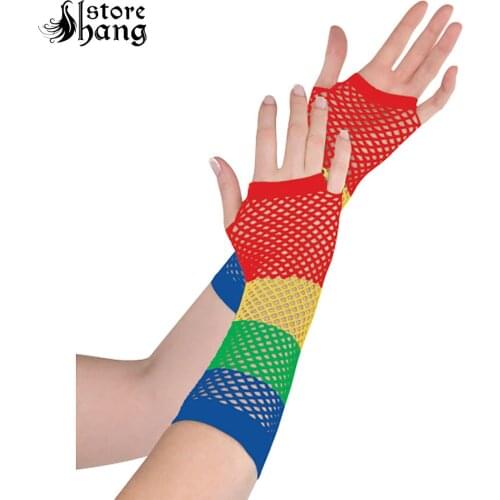 Rainbow Fishnet Fingerless Gloves 80s Fashion Diamond Net Long Gloves LGBT Gay Pride Arm Warmers Rock Star Costume Accessories