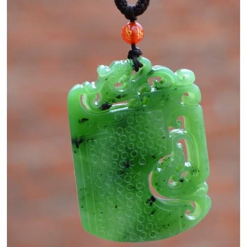 Certificate) Natural Green Stone Hollow Pendant Hand Carved Chinese Dragon Phoenix Pendant Necklace Mens Jewelry