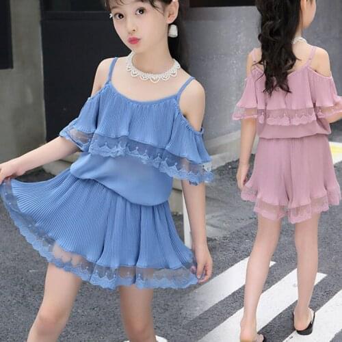 Ruffle chiffon 2019 toddler girl clothing sets kids clothes pink blue blouses shirts + shorts kids clothes set summer