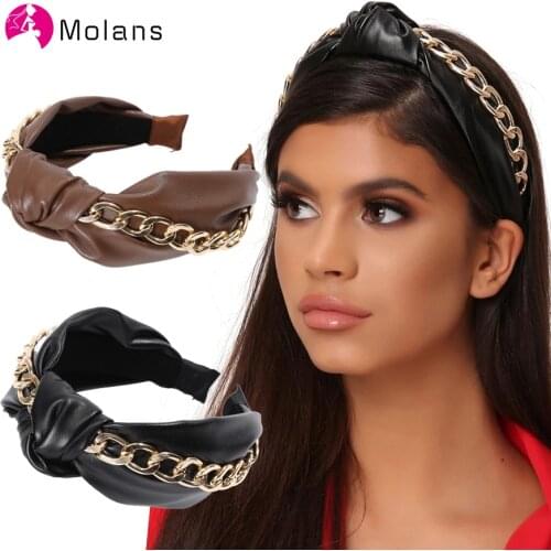Molans 2020 Faux Leather Knot Chain Headband New Simple PU Black Head Hoop Hair Bands Women Hair Accessories Head Bezel